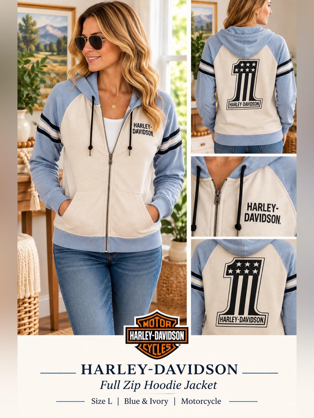 Harley Davidson Blue Ivory Full Zip Hoodie Jacket Size L Motorcycle